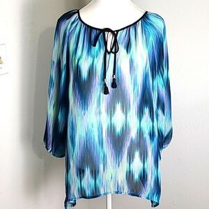 Zac & Rachel Watercolor Shades of Blues & Purple Blouse, Black Trim, Sz Medium